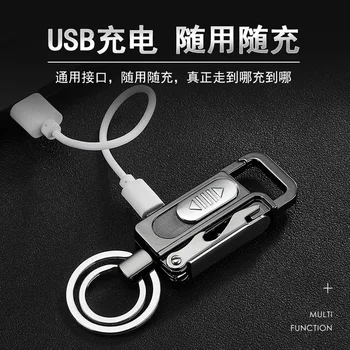 USB Keychain LED Lažji Zunanji Kovinski Windproof Večfunkcijsko Polnjenje Cigaretni Vžigalnik Pivo, Vino, žepni nož Pripomočke Za Moške