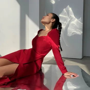 Gospa oblačila UVRCOS 2020 nov kvadratni vratu puff rokav obleka seksi dolg rokav obleka
