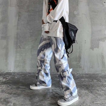 High street mode ženske hlače Hip hop Punk stil Zadrge Svoboden Tie dye tiskanje Siva in bela