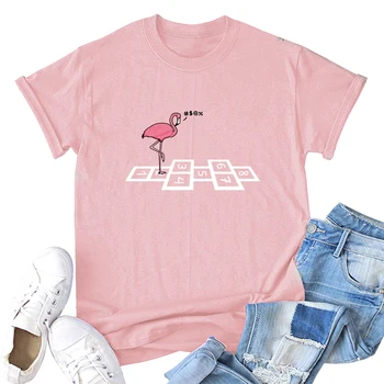 Anself Plus Velikost T-shirt Cartoon Živali Ptica Flamingo Številke Tiskanje Prevelike Majice s kratkimi rokavi Ženske okoli Vratu Kratek Rokav Smešno Tee