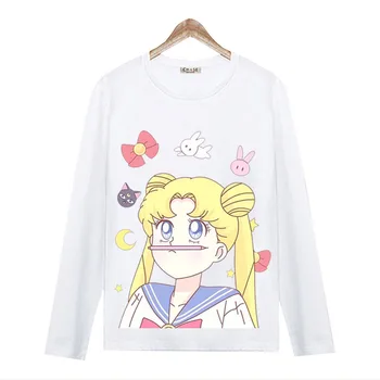 Japonski Srčkan Sailor Moon Anime Dolgo rokavi T-shirt Vrhovi Tees Usagi Tsukino Moški Ženske Unisex Risanka t srajce Krpo