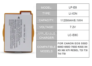 2pcs LP-E8 LPE8 LP-E8 Fotoaparat Baterija Za Canon EOS 550D 600D 650D 700D Rebel X4 X5 X6i X7 Z Digitalnim Fotoaparatom, LC-E8C polnilnik