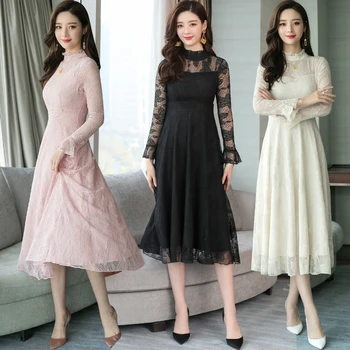 2021 Korejske Ženske Elegantne Bodycon Roza Obleko Stranka Priložnostne Vzletno-Pristajalne Steze Vestidos Jeseni, Pozimi Novo Vintage Black Seksi Čipke Midi Obleke