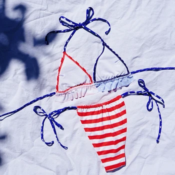 Novo leto 2020 Povodcem Prugasta Bikini Ženske Ogrlicom Kopalke Ženske Kopalke Dveh kosov Bikini komplet Zastavo Bather kopalke Plavati Lady