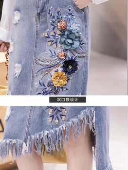 Korejski Nezakonitih Lady Krilo Ženske Tassel Visoko Pasu A-line Midi Elegantno Krilo Denim Ženske Luknje Krilo z Elegantno Cvetje B03221B
