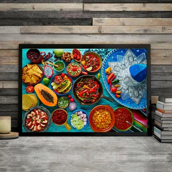 Mehiško Hrano Mix Platno Slikarstvo Lepo Barvo Mehika Hrane Ozadje za Kuhinjo Wall Art Dekor Darilo