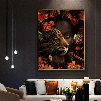 Afriške Umetnosti Črna Ženska Tiger Rose Ptica Oljna slika na Platnu Cuadros Plakatov in Fotografij Stenskih slikah, za Dnevna Soba Dekor