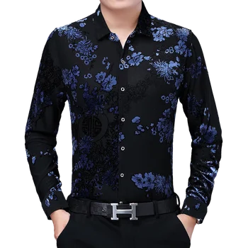 Visoka Kakovost Mens Cvetlični Majica 2021 Dolg Rokav Slim Žamet Rokavi Moški Oblačila Camisa Poslovne Stranke, Maturantski Rdeče, Modre Rože Majica