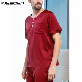 INCERUN Mens Pižamo Nastavite Saten Svila Mehke Sleepwear bo Ustrezala Kratek Rokav Dveh Kosov Homewear Pižame Nastavite More Plus Velikost 2019