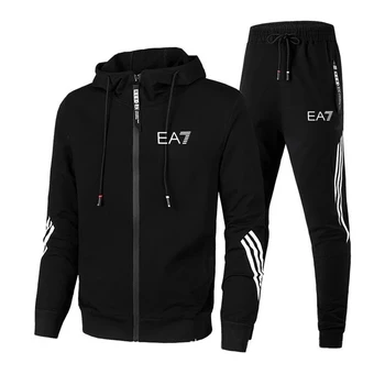 Novo EA7 moške jeseni obleko zadrgo pulover s kapuco + hlače dveh kosov priložnostne športne hlače moški šport telovadba blagovno znamko oblačil
