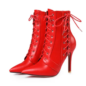 MORAZORA Čipke zadrgo konicami prstov ženske čevlji modni visoke pete pu usnje škornji plus velikost 34-46 rdeča črna bela
