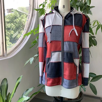 Moške svoboden suknjič dolgo sleeved hooded zadrgo barva blok dekoracijo mozaik slog priložnostne toplo jakno 2020 jeseni in pozimi