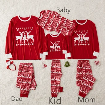 Družina Ujemanja Obleke Starši-Otrok, Božični Kostum Elk Red Tiskanja Vrhovi Hlače Božič Pajama Nastavite Mati, Oče Otroka, Otrok, Družina Videz
