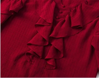 #5072 Pomlad Poletje Starana Rdeča Šifon Bluzo Ženske Dolg Rokav Seksi V Vratu Ruffles Bluzo Femme Korejski Dame Moda Vrhovi