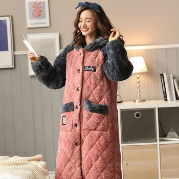 Zimski Ženski kopalni plašč Debele Flanela Sleepwear 3-layer prešite Nightgown Velikosti Hooded Haljo Žensk Domov Oblačila More