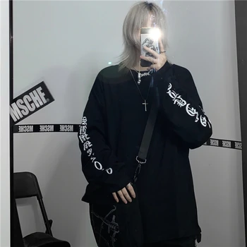 Harajuku Goth Črke Natisni Vrh Punk korejski Stilov Kawaii Dolgimi Rokavi Ženske T-Shirt Dropshipping Y2K Plus Velikost Črna Oblačila Kpop