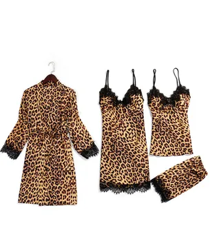 Hirigin Žensk Leopard Sleepwear Perilo Robe Oblačenja Nightdress novo Obleko sleepshirt Kimono Pižame določi modni proti-vrat