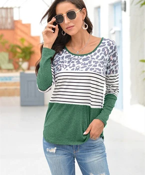 Mozaik T-shirt Leopard Moda Prugasta Vrhovi Tee Ženske Dolg Rokav O-neck Zgornji del Jeseni Leta 2020 Mehko Tee Majice Ženske Oblačila