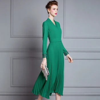 Ženske 2020 pomlad moda nabrano obleko kakovost blagovne znamke dolgimi rokavi, V-izrez elegantno midi obleke zelena črna burgundry plus velikost