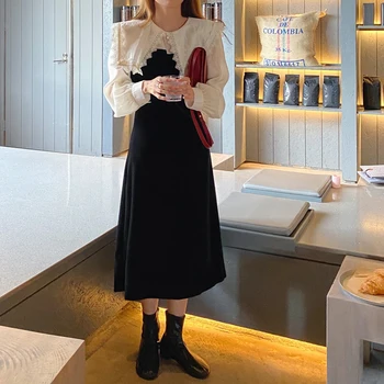 Tujec Kitty 2020 Novi Elegantni Sweet Oblačenja Žamet Mozaik Slim Ženske Korejski Elegantno Jeseni Zavoj Navzdol Ovratnik Mid-Tele Stranka Vestidos