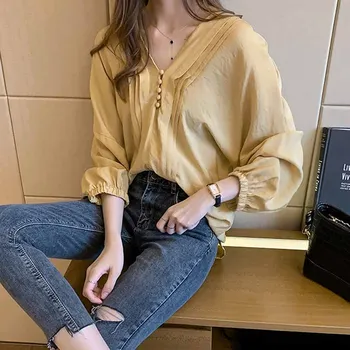 2020 Jeseni Barva Dno Majica Preprost Letnik žensko Bluzo Novo korejskem Slogu Svoboden Luč Sleeve Majica Blusas 11002