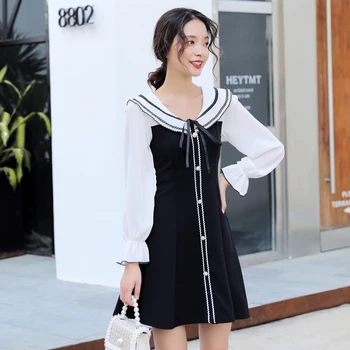 COIGARSAM Polno Rokavi Ženske enodelne korejski obleko Novo Šifon Mozaik Obleke Črne 8049