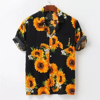 Moški Sončnično Tiskanje Majice Pisane Poletne Kratek Rokav Svoboden Gumb Srajce Priložnostne Slim Fit Hawaiian Majica Bluzo Camisas