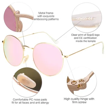 SOJOS Retro klasična kovinska sončna očala krog slog mat zlato, srebro okvir flash zrcalni objektiv ženske modni visokokakovostnih 1014 UV400