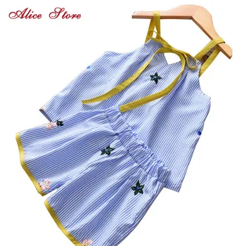 Alice poletje Dekleta naramnice majica + hlače 2pcs kompleti oblačil prugasta vezenje telovnik, oblačila za otroke, otroška moda obleko