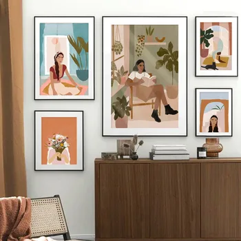 Moda povzetek očala dekle cvet rastlinskih listov mačka ilustracije wall art platno slikarstvo Nordijska plakatov in fotografij dnevna soba