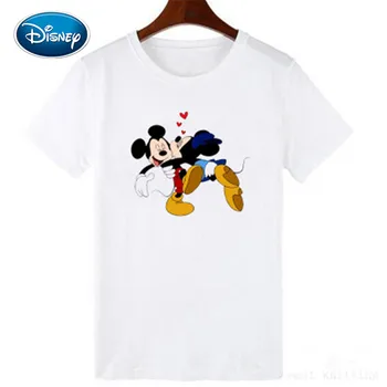Disney 1pcs Človek, ženska Eleganca Mickey Miške Minnie Risanka Tiskanja O-Vratu Puloverju Kratek Rokav Bela Majica Vrhnja Svoboden Vrhovi