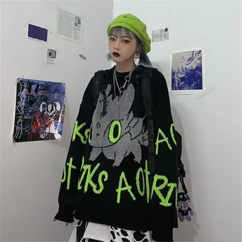 Japonska Moda Dame Vrhovi Polno Rokavi Ženske High Street Pletenje Pulover Puloverju Svoboden Srčkan Risanka Harajuku Pulover Ženske