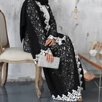Črne Čipke Tam Kaftan Abaya Dubaj Kimono Hidžab Muslimansko Obleko Abayas Za Ženske Caftan Maroc Ramadana Islam Oblačila Haljo Musulman Femme