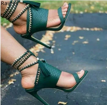 Poletje moda čipke Ženska zelena sandali kovinske verige dekor Seksi Črpalke tassel zasnove tanke pete ženska obleka, čevlji