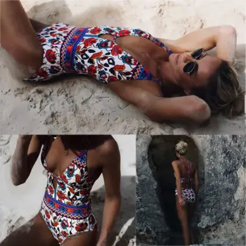 Seksi Ženske enodelne natisnjeni cvetlični Bikini povodcem Povoj Push-Up Podložen Modrček, Kopalke, Kopalke, kopalke plažo biquini