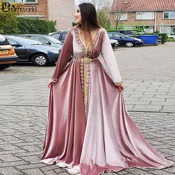 Vintage Maroški Caftans Roza Večerne Obleke z Dolgimi Rokavi Stranka Obleko z Beading Žamet A-Line Haljo De Soiree Formalnih Obleke 2020