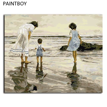Nova brez okvirjev Wall Art Slike, Barvanje Z Številkami DIY Oljna slika Na Platnu Dom Dekor, Mati In Otroci Palying Na Plaži G016