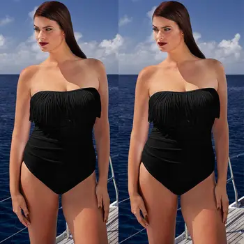 Plus Velikost Tassel Black Ženske Enodelne Kopalke, Kopalke Monokini Bikini Oblazinjeni Kopanje, Plavanje