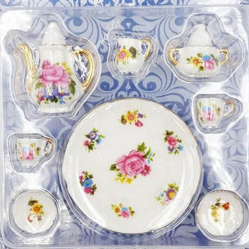 8 kos/veliko Srčkan Miniaturni Lutke Servis iz Porcelana Čaj, Set Posode Pokal Ploščo Pisane Cvjetnim Tiskanja
