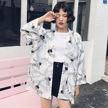 Letnik Poletni Natisnjeni Šifon Zaščito Pred Soncem Harajuku Kimono Jopico Vrhnja Oblačila Bluzo Japonski Slog Ženske Oblačila