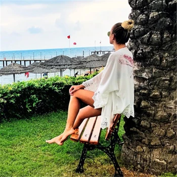 2019 Seksi Plaži, Poletne Ženske Priložnostne Boho Kimono Jopico Bele Čipke Šifon Svoboden Natisnjeni Bluzo Majica Plus Velikost Vrhovi Plažo