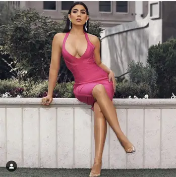 Brezplačna Dostava Za Ženske Poletje Seksi Backless Povodcem Hot Pink Povoj Obleko 2019 Modni Oblikovalec Stranka Obleko Vestido
