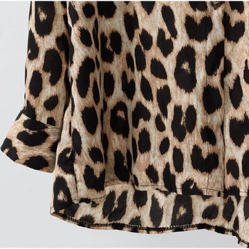 2018 Ženske Bluzo Leopard Print Majica Dolg rokav Zavoj navzdol Ovratnik Vrh Svoboden Bluze Plus Velikost Camisa Feminina Oblačila
