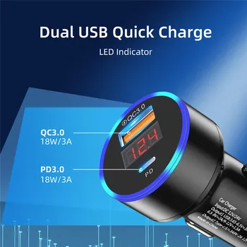 USB Avto Polnilec LED Zaslon Mini Hitro Polnjenje 3.0 PD 6A 36W QC3.0 Hiter Polnilec Za iPhone Huawei Xiaomi Mi Tip C Mobilni Telefon