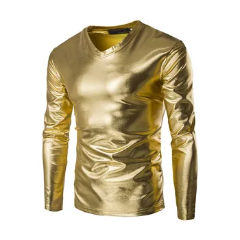 Prevlečeni Kovinsko Zlata Srebrna Majice S Kratkimi Rokavi Moški Trend Nočni Klub Nosijo Elegantno Bleščečo Tshirt Moški Priložnostne Dolgo Rokavi T Shirt Homme