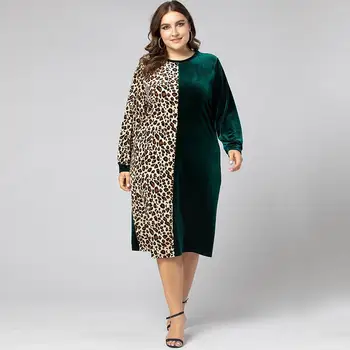 Ženski pomlad jesen plus velikost oblačila za ženske svoboden priložnostne velike dolge rokave leopard O vratu naravnost obleke 3XL 4XL 5XL 6XL