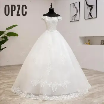 Bela pravo Fotografijo Nov Prihod korejski Čipke Aplicirano Poročno Obleko 2021 Čoln Vratu off Ramo Plus Velikost Poročna Obleka Princess