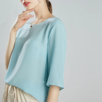 SUYADREAM Ženske Bluze REALNO SVILE Krep O vratu 3/4 Rokavi, Solid Urad Dama Bluzo Majica 2020 Pomlad Poletje Majica