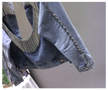 Ulične 2020 Jeseni Nova Težka Industrija Nosorogovo Nazaj Izdolbel Ljubezen Tassel Denim Odrezana Jakna Ženske Nepakirana Jeans Plašč