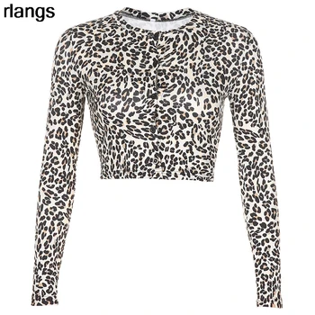 Evropski In Ameriški Seksi Leopard Print Majica s kratkimi rokavi Ženske Gumb Vrh Slim Kratko Jopico Dolgo Sleeved Dno Popka Divje Jeseni